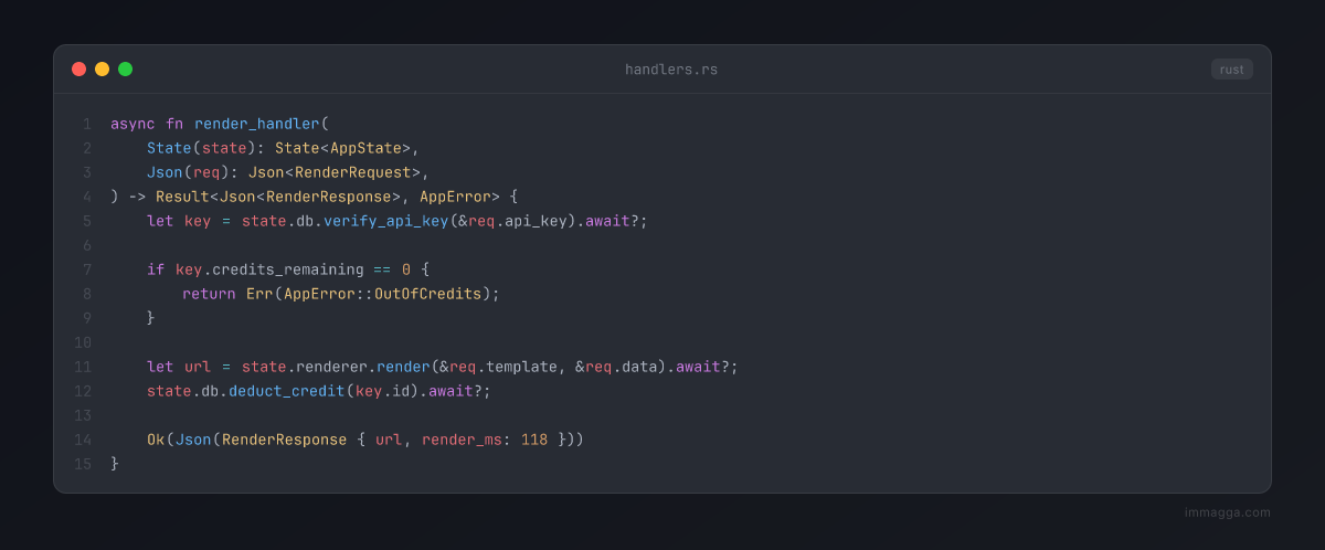 Code snapshot: handlers.rs — Rust, one-dark-pro theme
